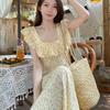 French Girl Floral Ruffle Midi Dress - Sexy Slim Lace Spaghetti Strap Summer Vacation Dress