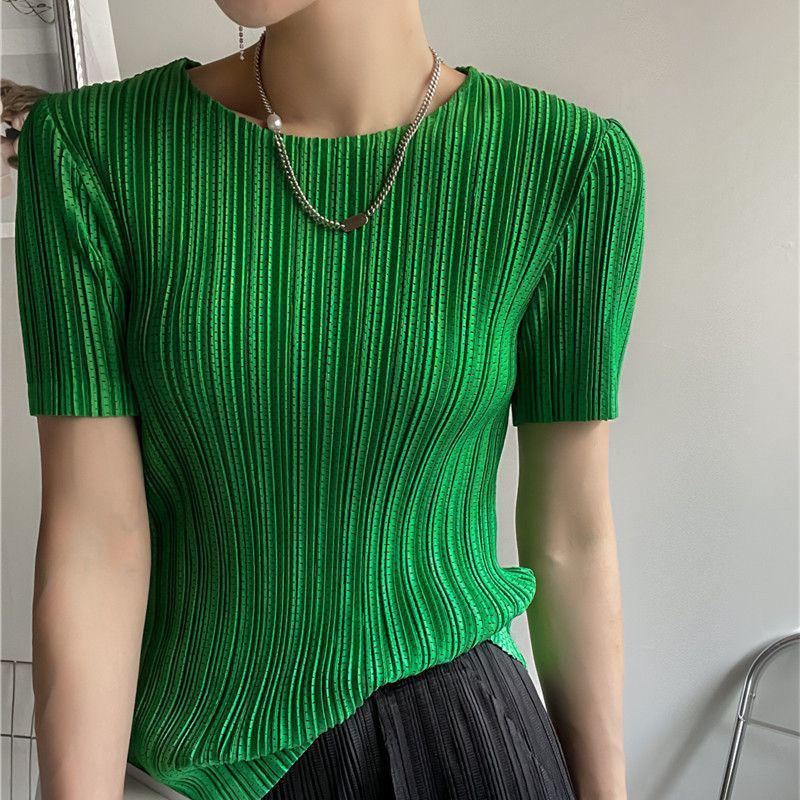 Miyake 2023 Women's Summer Pleated Short Sleeve Slimming T-Shirt with Round Neck and Hollow Out Design