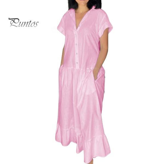 

Женское летнее платье с лацканами и короткими рукавами, однотонное однобортное повседневное длинное платье для выпускного вечера, платье для повседневной носки S розовый