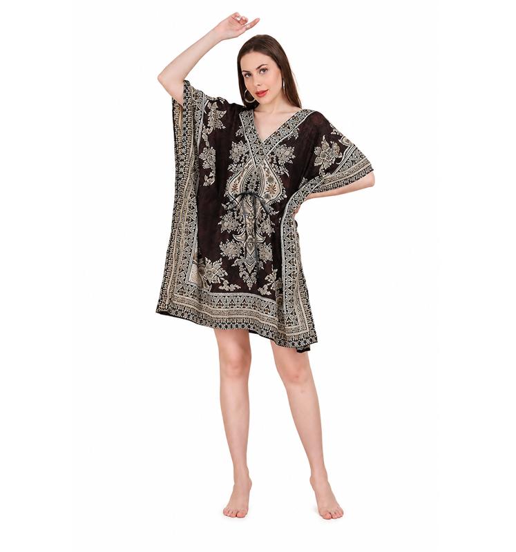 TreegoArt Fashion Women's Polyester Short Kaftan Caftan Printed Adjustable Boho Dress Nightwear Maxi Gown