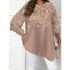 Floral Print Denim‑Effect Women 3/4 Sleeve Pocket Tunic Shirt