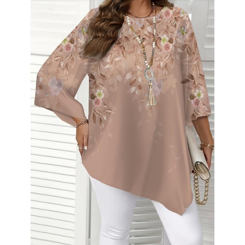 Floral Print Denim‑Effect Women 3/4 Sleeve Pocket Tunic Shirt