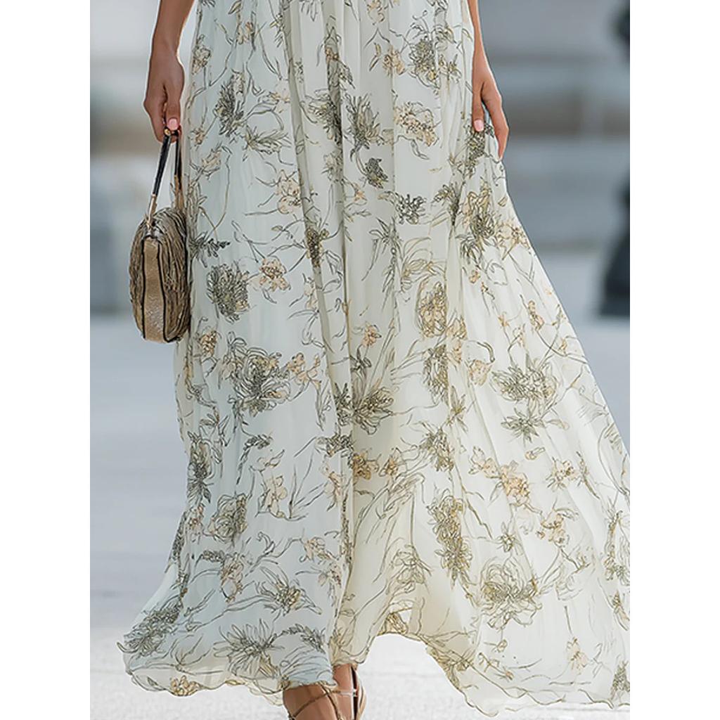 2026 Elegant Halter Neck Floral Maxi Dress for Women, Sleeveless Chiffon Flowy Long Dress, Summer Beach & Party Wear