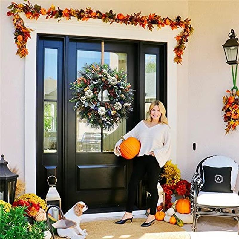 White Pumpkins White Pumpkins Ranunculus Wreath Fall Decor Front Door,Halloween Eucalyptus Wreath House Decoration,DIY Hanging Wreath White Pumpkins Thanksgiving Fall Home Decoration