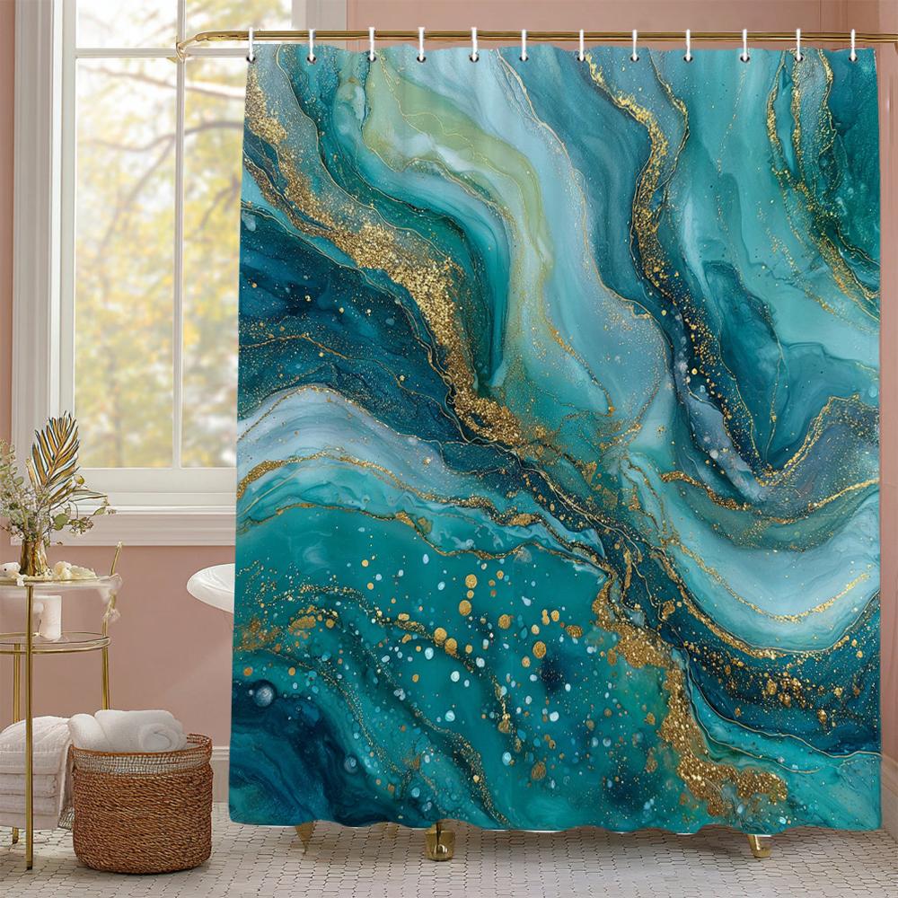 Abstract Marble Pattern Shower Curtain, Geometric Printed Bathroom Decorative Shower Curtain, Fabric Home Curtain with Hooks