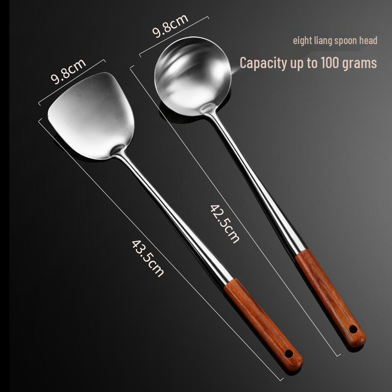 Rosewood Long Handle Stainless Steel Kitchen Utensil Set - Wok Spatula, Non-Stick Skimmer, Slotted Spoon, and Ladle