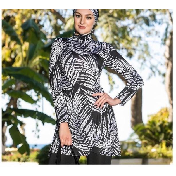 Banana Leaf Print Set Muslim Women Modest Seaside Swimwear Full Coverage Swimsuit Beachwear Burkini Swimsuit Set (Without Headscarf)