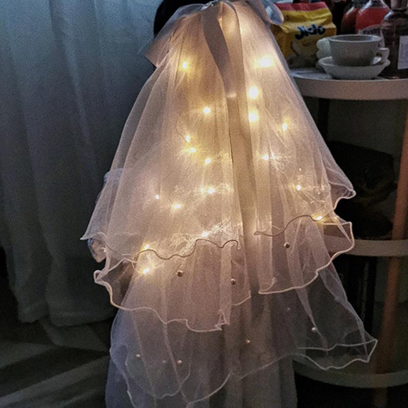 Hochzeit Schleier mit Clip/Kamm Haarschmuck für Bräute Mädchen Tüllschleier mit Rand und Lichterkette 8 Farben