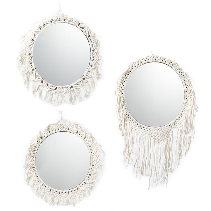 Handgefertigter Gewebter Hängender Wandspiegel Bohemian Antik Geflochtenes Baumwollseil Makramee Fransen Quasten Wandteppich Rund für Dropshipping