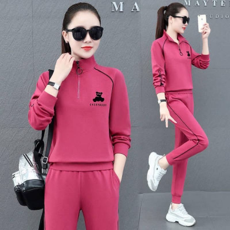 Sporty Casual Set for Women - Spring/Autumn Loose Large-sized Student Long-sleeved Running Suit Set of Two Pieces