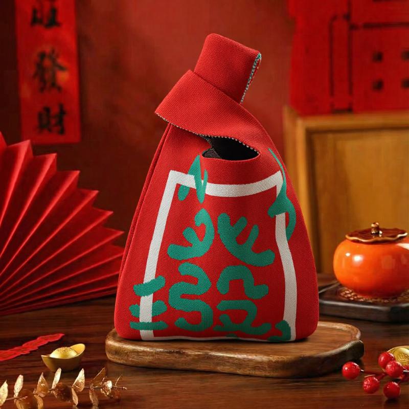 Horse Year Knitted Storage Bag Large Capacity Portable Handbag New Year Casual Tote Bag For Daily Matching And Outings