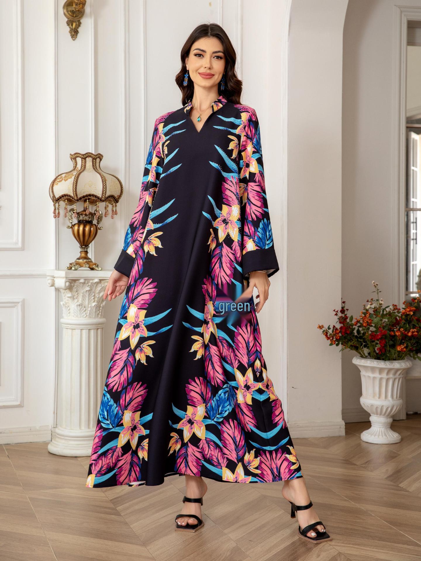 

0808 Женское мусульманское платье-халат с принтом для трансграничной торговли - Ближневосточный и Западный стили S чёрный