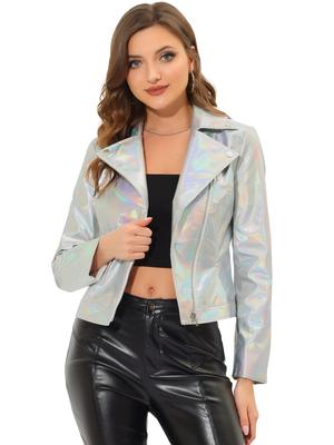 Allegra K Women's Shiny Metallic Jacket, Long Sleeve, Collared Biker Coat, Silver, Size M