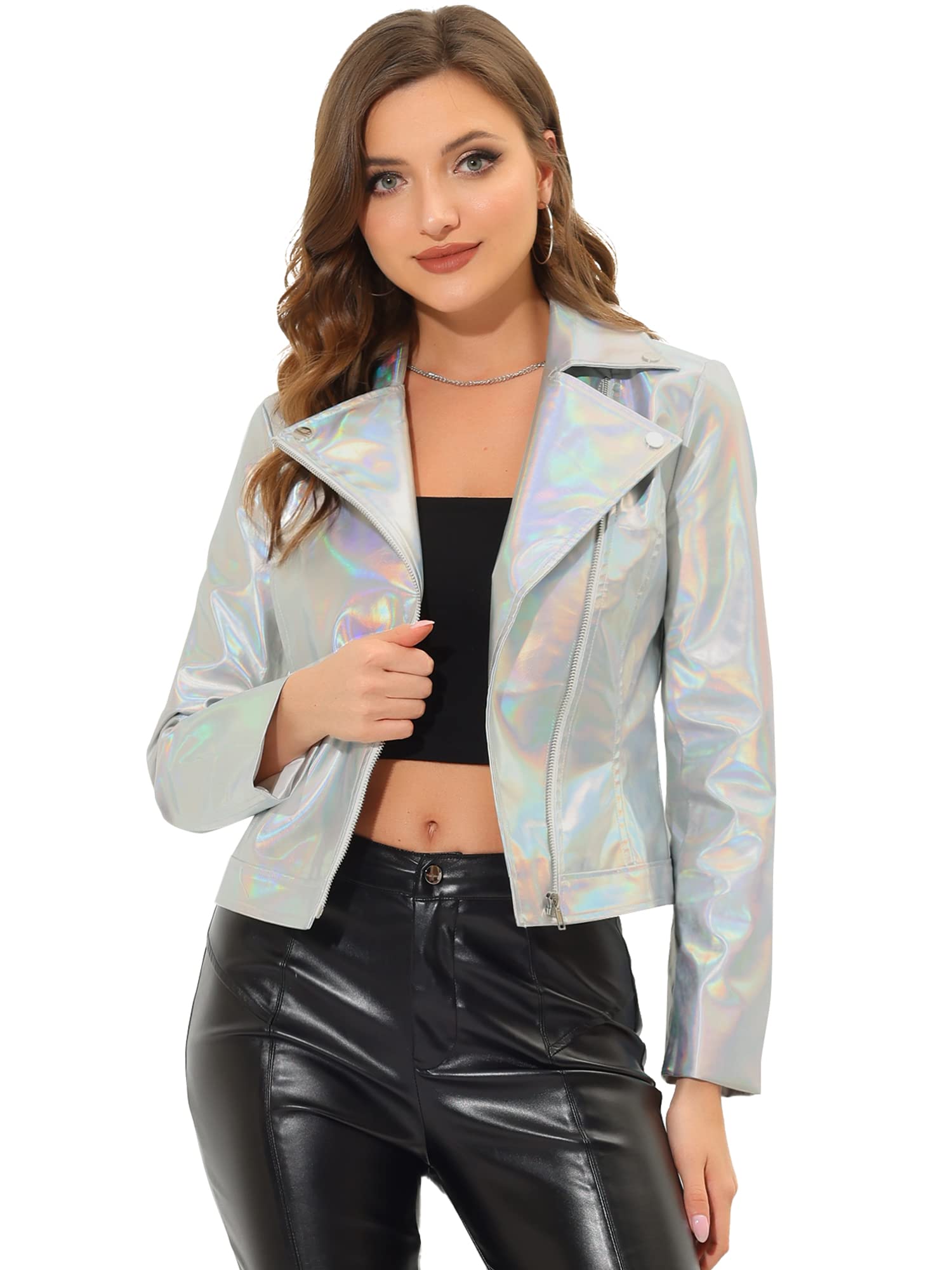 

Allegra K Women s Shiny Metallic Jacket, Long Sleeve, Collared Biker Coat, Silver, Size M
