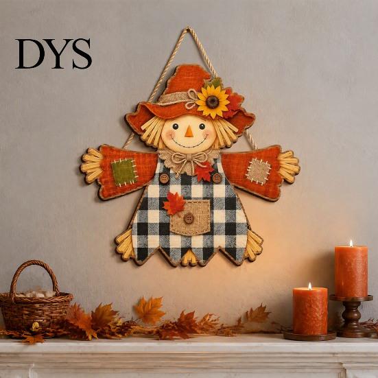 Sunflower Plaid Door Hanger Fall Wooden Hanging Sign, Autumn Scarecrow & Pumpkin Maple Leaf Decorative Wall Art for Home Hanger, Harvest Thanksgiving