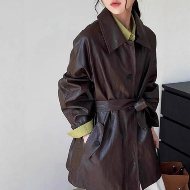 Womens Faux Leather Jacket Mid-Length Casual Lapel Fashion