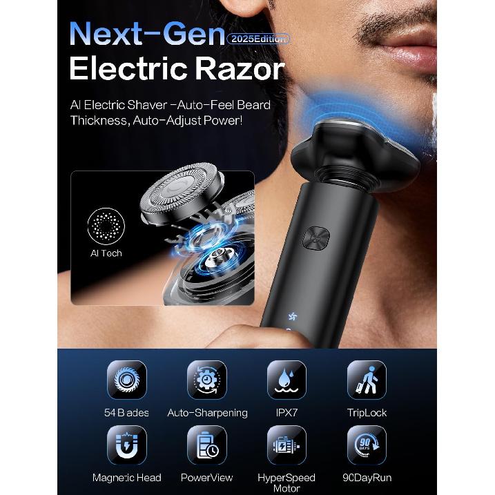 Electric Razor for Me, 3-Blade Rotary Shaving System,Waterproof Wet Dry Cordless Razor,Touch Switch,Type-C Fast Charging,Digital Display,Travel Lock