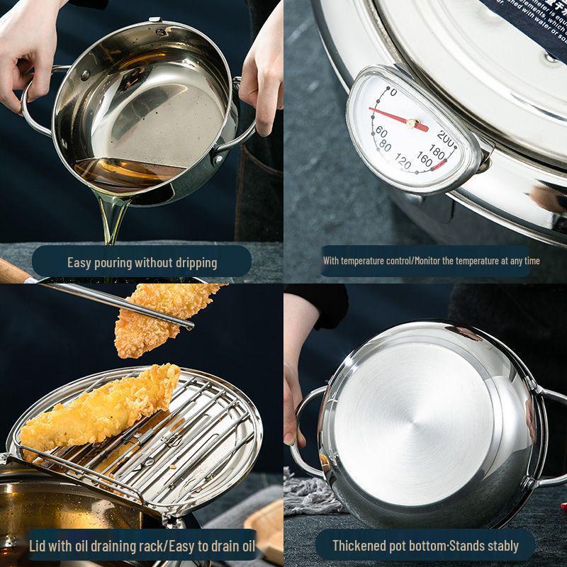 304 Stainless Steel Tempura Fryer with Thermometer for Oil-Saving On Induction and Gas Stoves