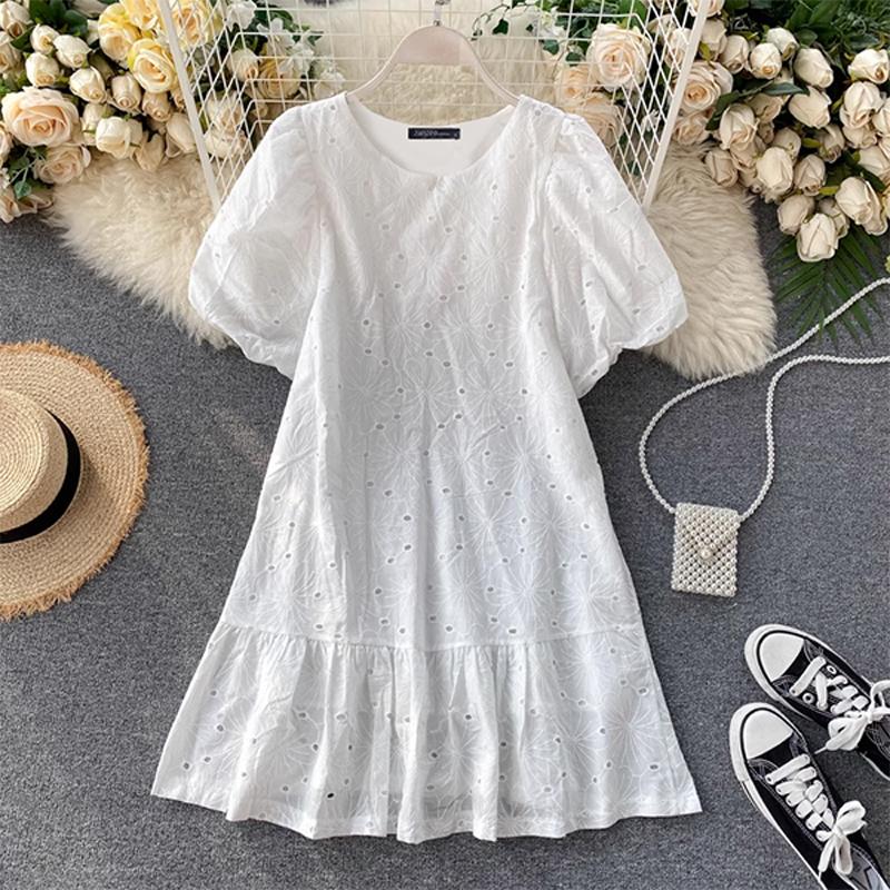 

ZANZEA Женские хлопковые платья А-силуэта с круглым вырезом и короткими рукавами-фонариками и кружевом XL