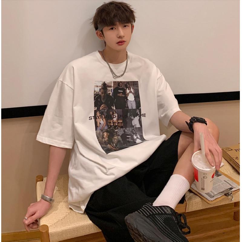 Kortermede t-skjorter for menn Grafisk trykk med halve ermer T-skjorter Pullover T-skjorte Uformell T-skjorte Mann Koreansk Uformell Rundhalset Retro Topper For