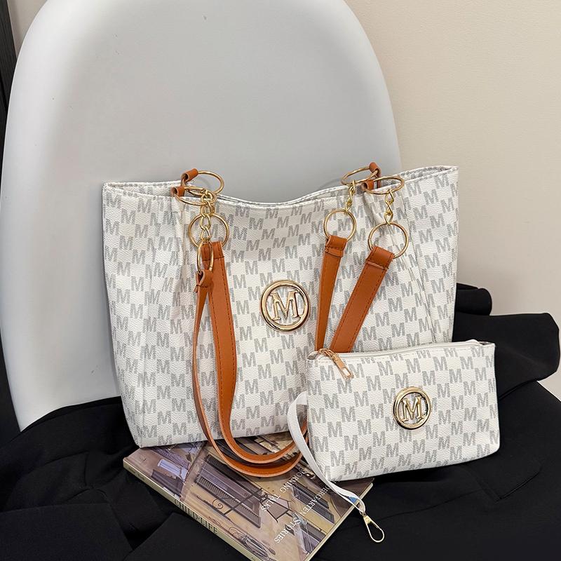 Women's Vintage M Logo Tote Bag Glossy Finish Large Capacity Zipper PU Detachable Pouch Easy Organize for Daily Commute Shopping
