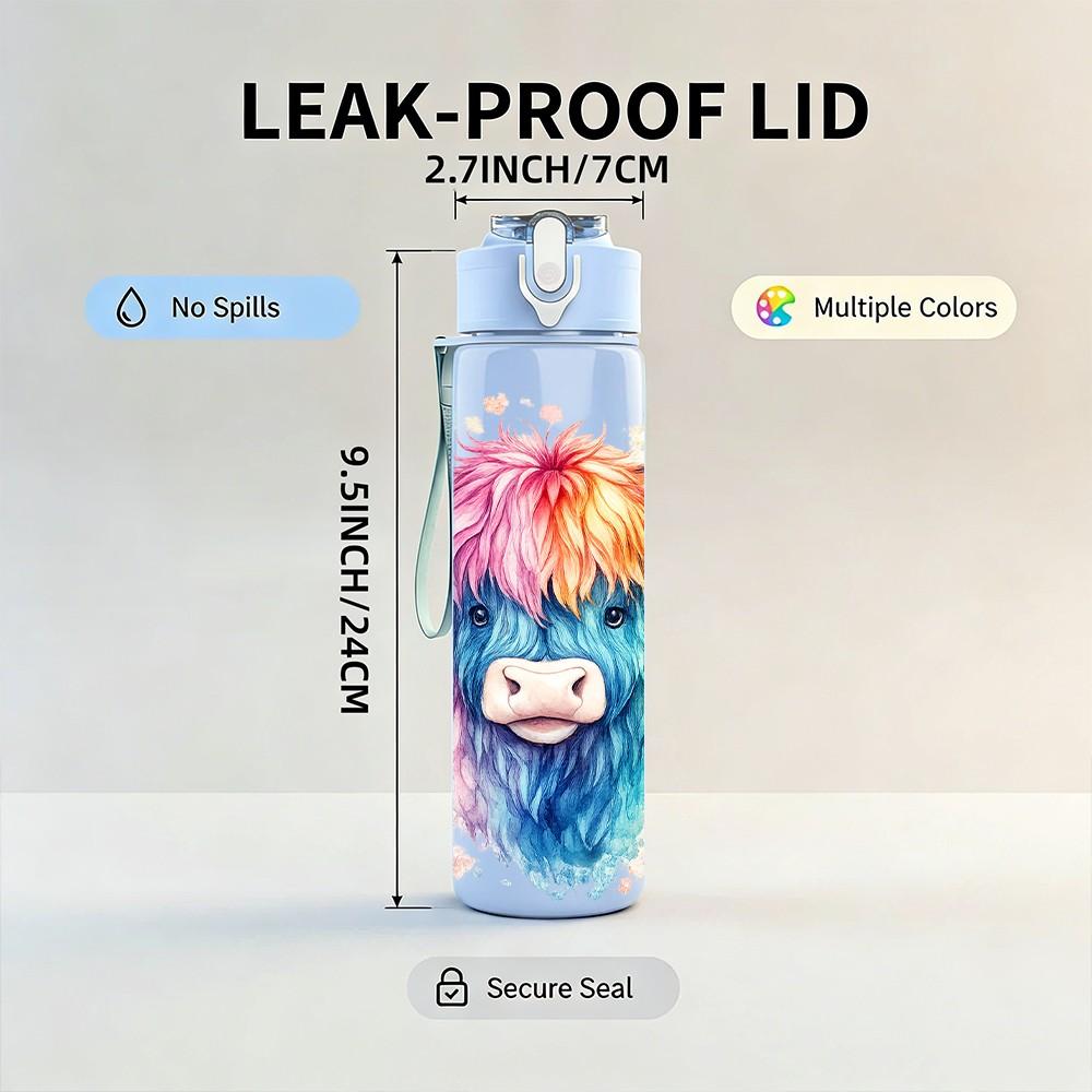 1PC Highland Cow Color Splash Art Print 750ml Color Plastic Sports Water Bottle Leakproof Flip Straw Lid Suitable for Sports Office Home Use