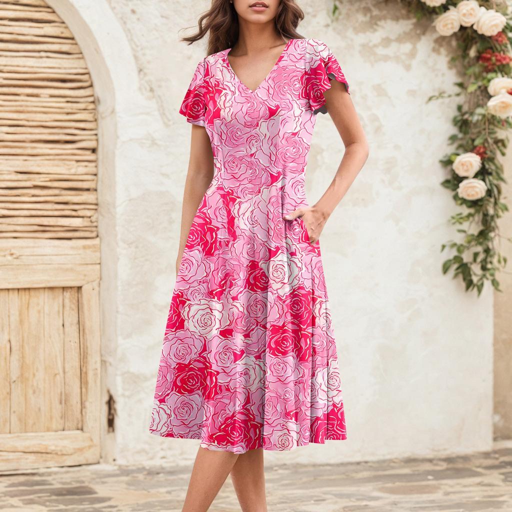 Rochie Midi Elegantă Retro de Vară pentru Femei cu Mâneci Volan V-Gât