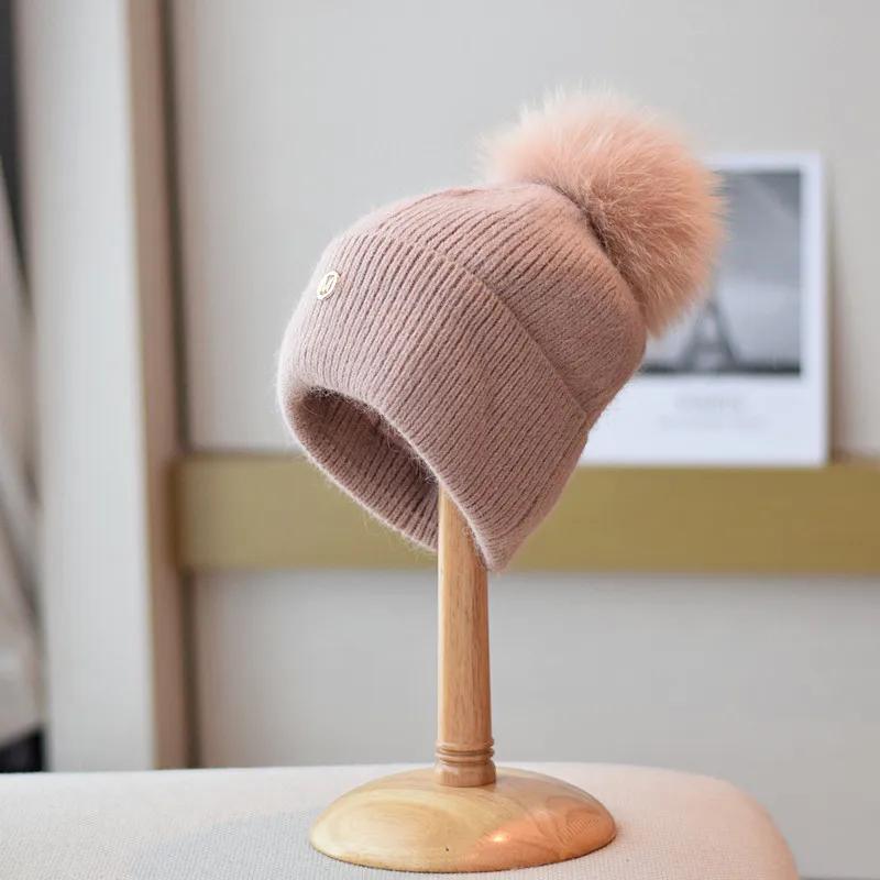 Winter Fox Fur Pompom Hats Angola Beanie For Women Studded Beaded Knitted Hats Outdoor Thick Warm Hat Casual Fashion Cap