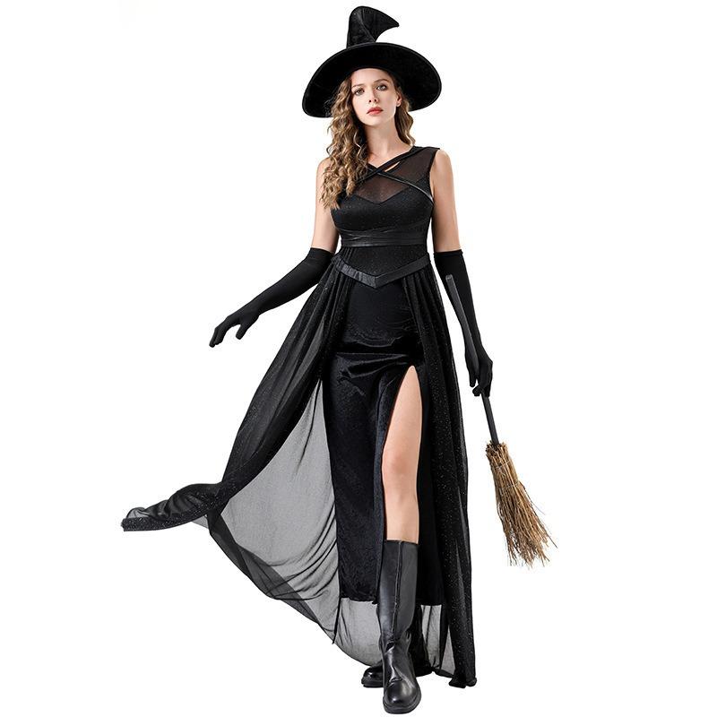 Halloween Dark Witch Long Dress Vampire Reaper Magician Black Sexy Dress Set