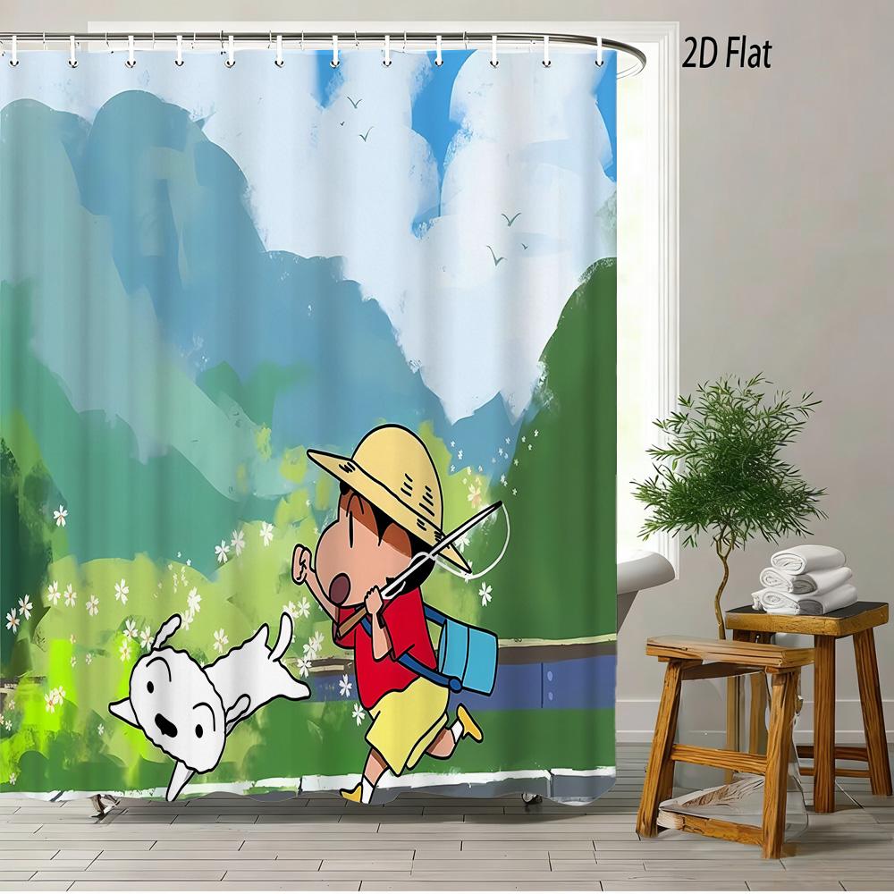 Crayon Shin-Chan Running & Cheering On Mountain Top 2D Print Waterproof Shower Curtain, Minimalist Blue Sky Bathroom Decor With