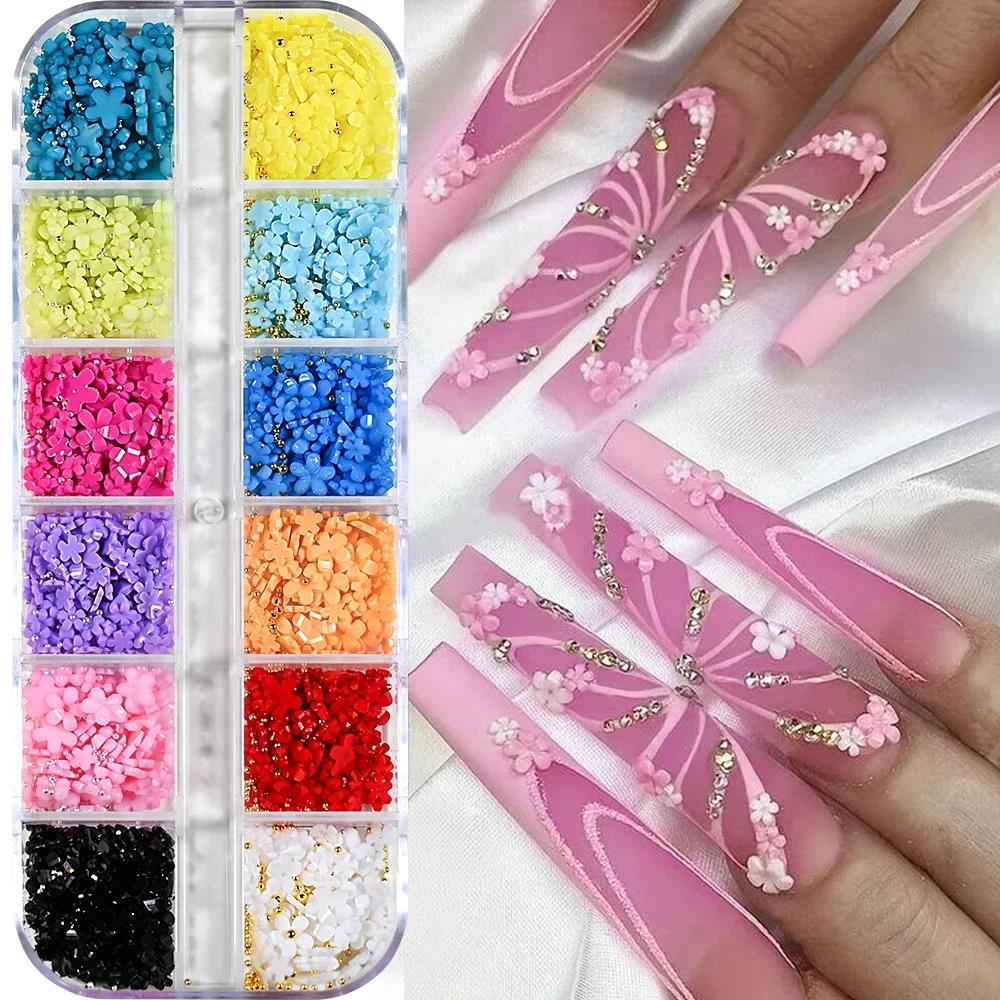 12Grids/Box Mixed Resin Bowknot Nail Charms 3D Colorful Bow Kawaii Rhinestone Nail Art Decorations DIY Manicure Parts Pen Tweeze
