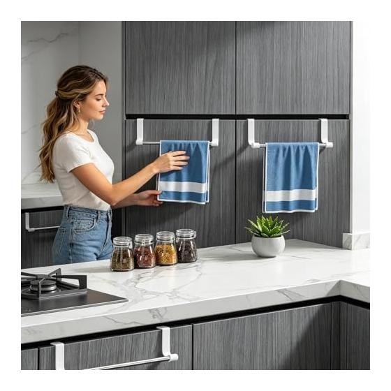 No Drill Towel Rack - Stainless Steel Over Cabinet Holder, Kitchen Door Bar, Sleek Cupboard Hanger, Safely Adjustable Over Door Organizer | Cabinet