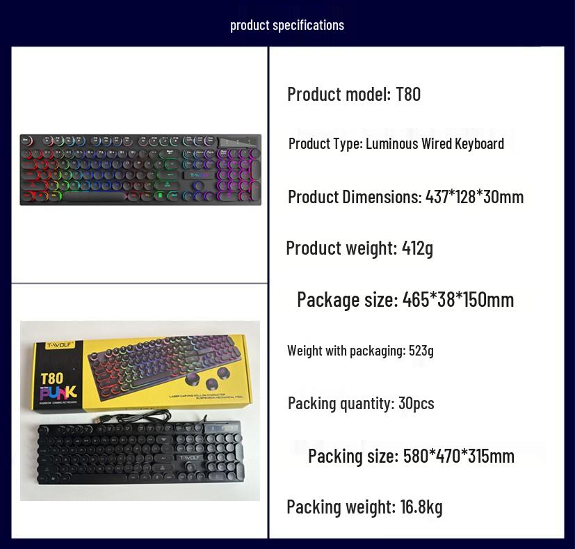 T-WOLF T80 Backlit Wired Gaming Keyboard – Silent Feel for PC & Laptop.
