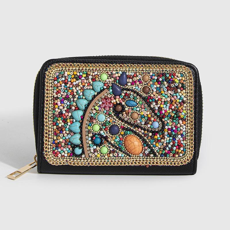 Bohemian Style PU Zipper Card Holder & Coin Purse with Butterfly and Flower Design