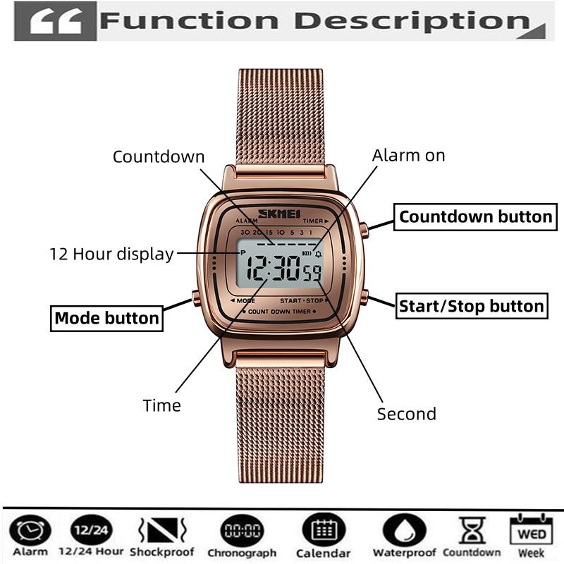 Skmei Women Bracelet Dress Watches Luxury Brand Stainless Steel Strap Fashion Waterproof Digital Chronograph Wristwatch