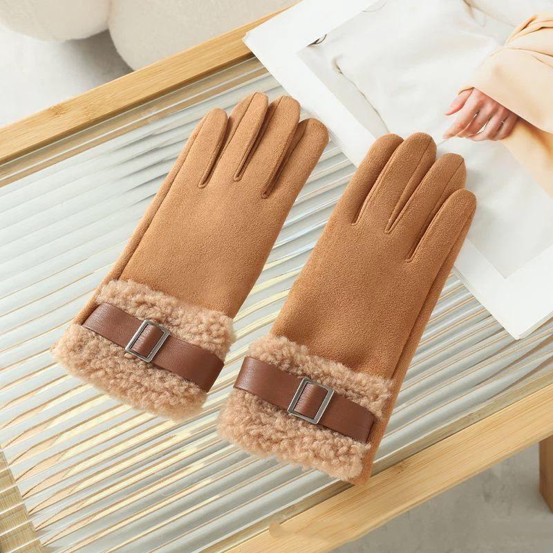 Fashion Suede Women Fleece Gloves Thick Warm Touch Screen Cycling Mittens Windproof Cold Protection Outdoor Ski Gloves