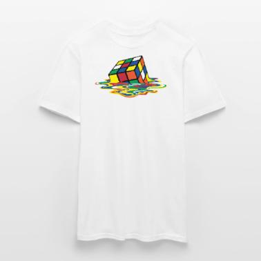 The Cotton Casual Cube Has Melted Into A Colorful Water Puddle Pattern and Is Printed on The Mens Tshirt
