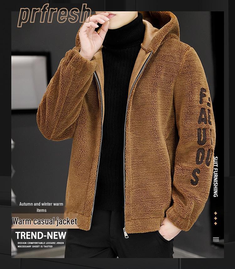 Chaqueta de Lana con Capucha para Hombre de Lana de Cordero con Forro de Forro Polar y Diseño Bordado