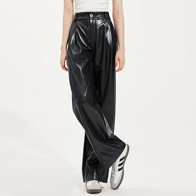 Pantalon plissé taille haute à jambes larges en similicuir pour femme