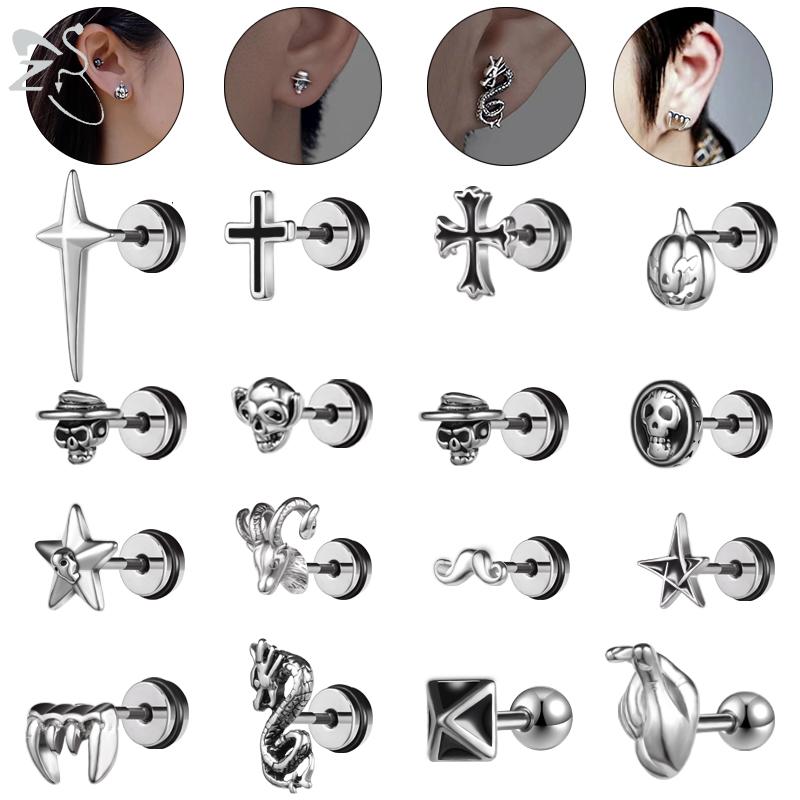 ZS 1PC 16G Cross Skeleton Finger Stainless Steel Stud Earring For Women Men Punk Rock Ear Conch Tragus Cartilag Helix Piercings