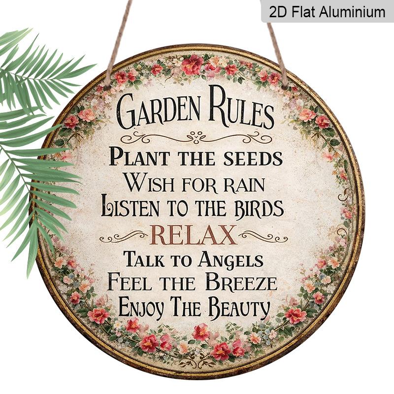 2D Flat, 1pc Round Aluminum Garden Rules Sign, Vintage "Garden Rules" Inspirational Quote, Vintage Floral Border Print with Pink Roses, Waterproof