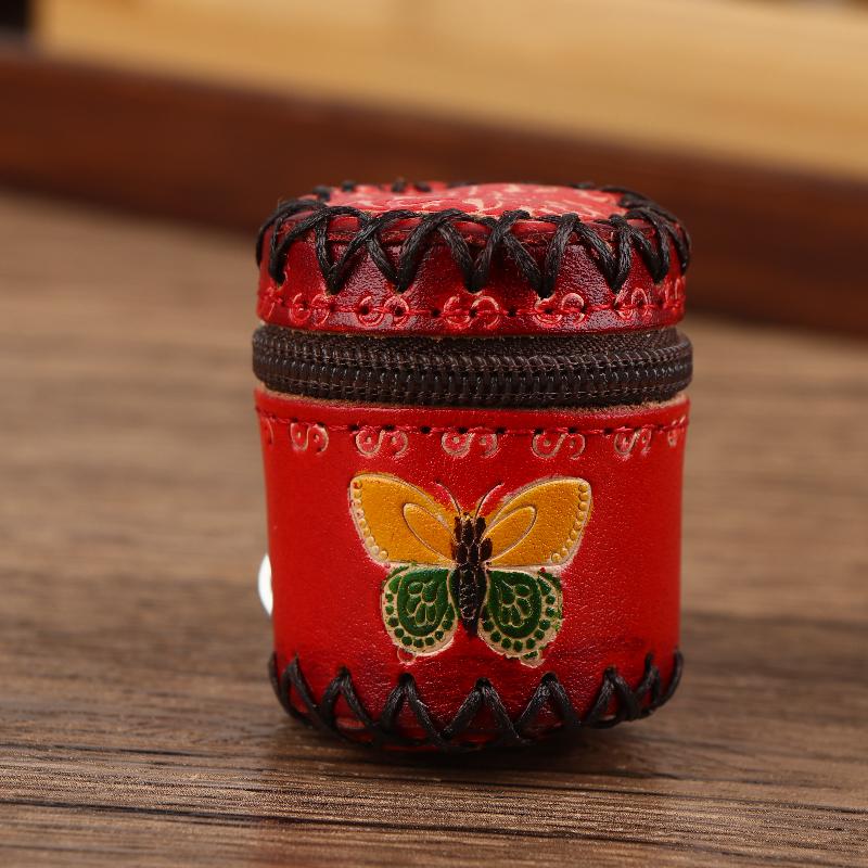 

Leather Luxury Bucket Coin Bag Keychain Exquisite Personality Mini Earring Zipper Storage Bag Key Ring Pendant Gift червоний