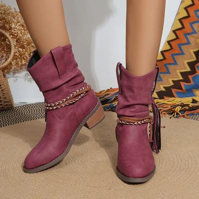 Pirat Stiefel Frau Plissee Quaste Mid-calf Frauen Spitzzehe Klobiger Absatz Kurz Weiblich Slipper Übergröße 43