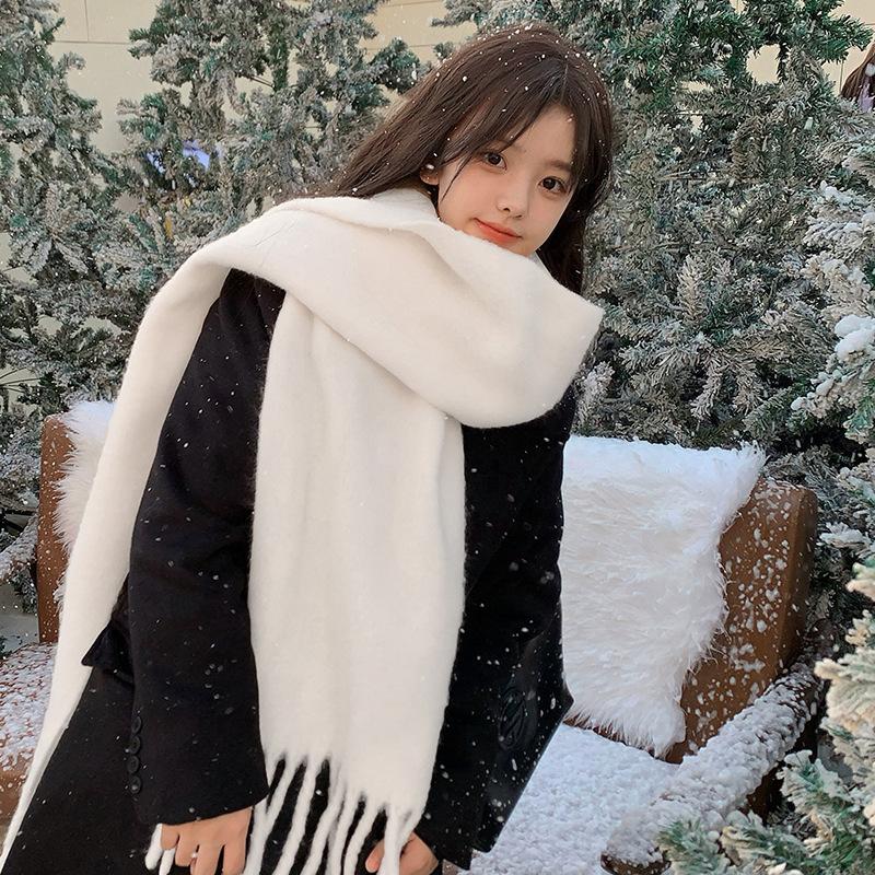 Solid color haze blue scarf female winter fluffy hair thickened student white student warm scarf blue scarf