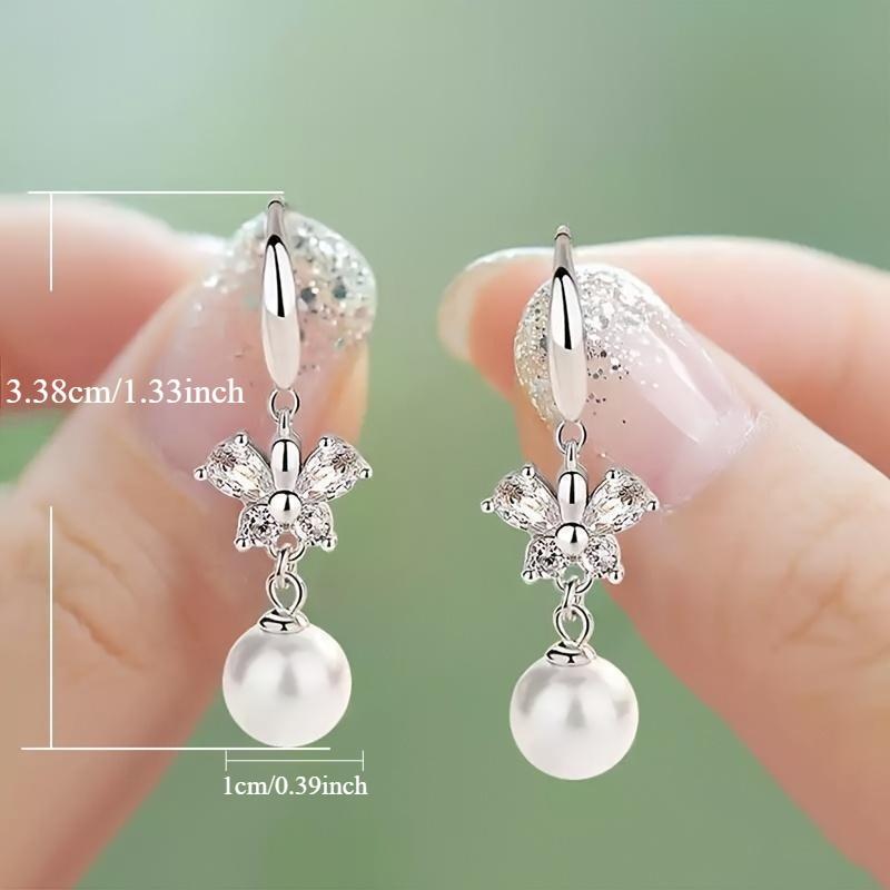 Fashionable Zircon Butterfly Paired with Imitation Pearl Drop Earrings, Elegant Bridal Wedding Jewelry, Top-notch Women's Earrings