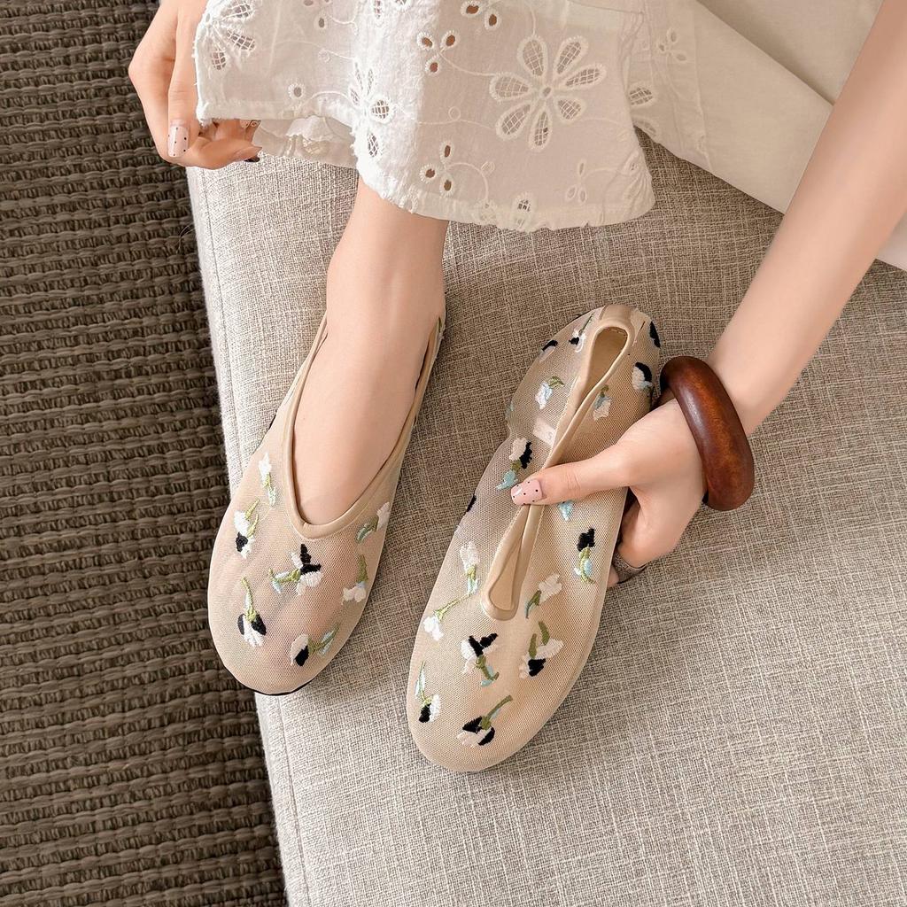 Krazing Pot Air Mesh Sheep Skin Flat with Crystal Beading Round Toe Jelly Shoes Embroidery Summer Size 42 Women Flats
