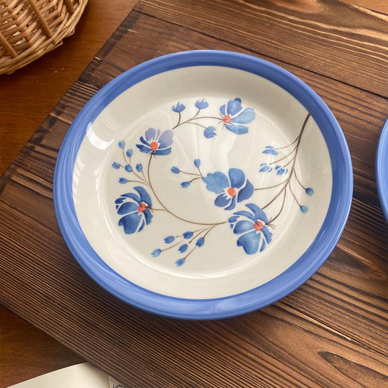 Swedish antique hand-painted blue poppy ceramic coffee cup and saucer set, heavy industry handmade afternoon flower tea water cup