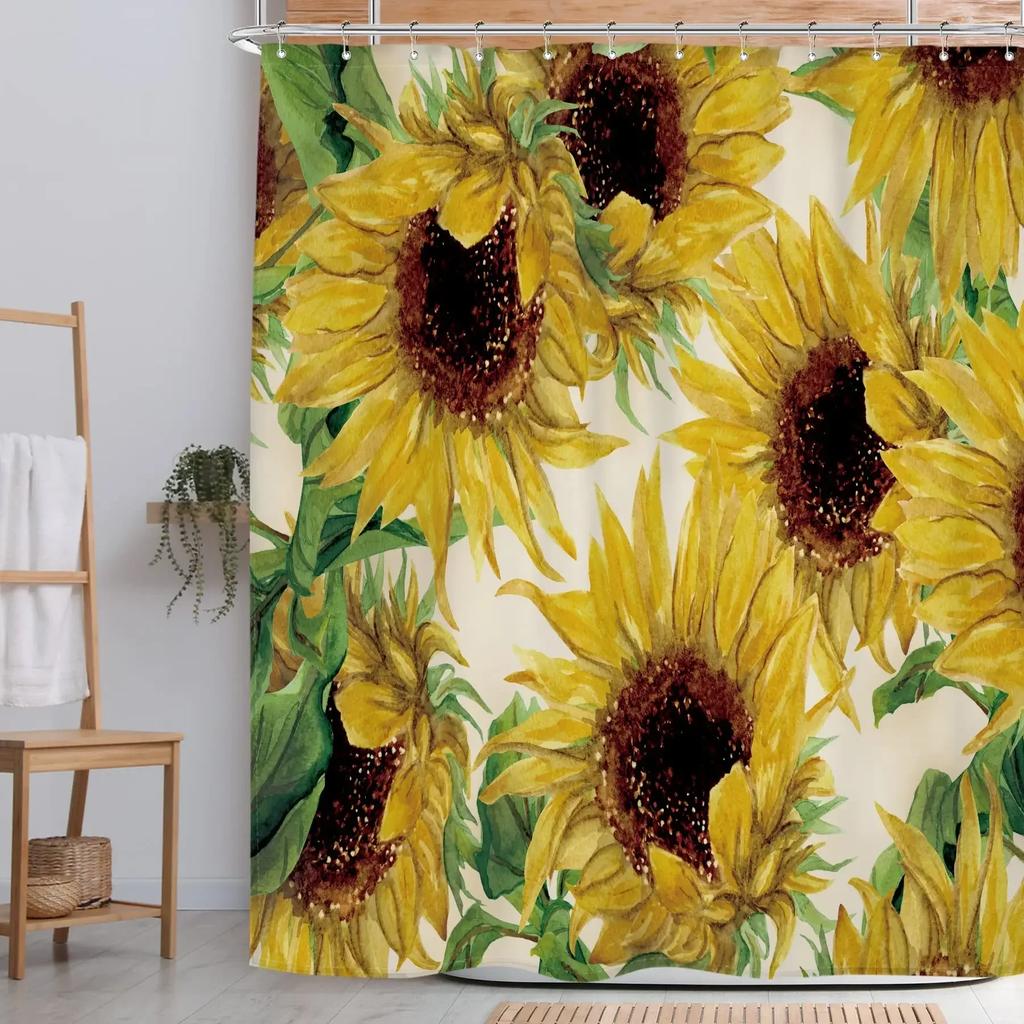 Farmhouse Rustic Shower Curtain Sunflower Autumn Floral Flower On Rural Barn Wooden Fabric Bathroom Curtains with Hooks Sets
