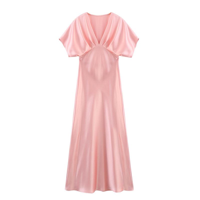 Saténové dlouhé šaty dámské černé drapované midi šaty dámské elegantní párty šaty krátký rukáv šik šaty