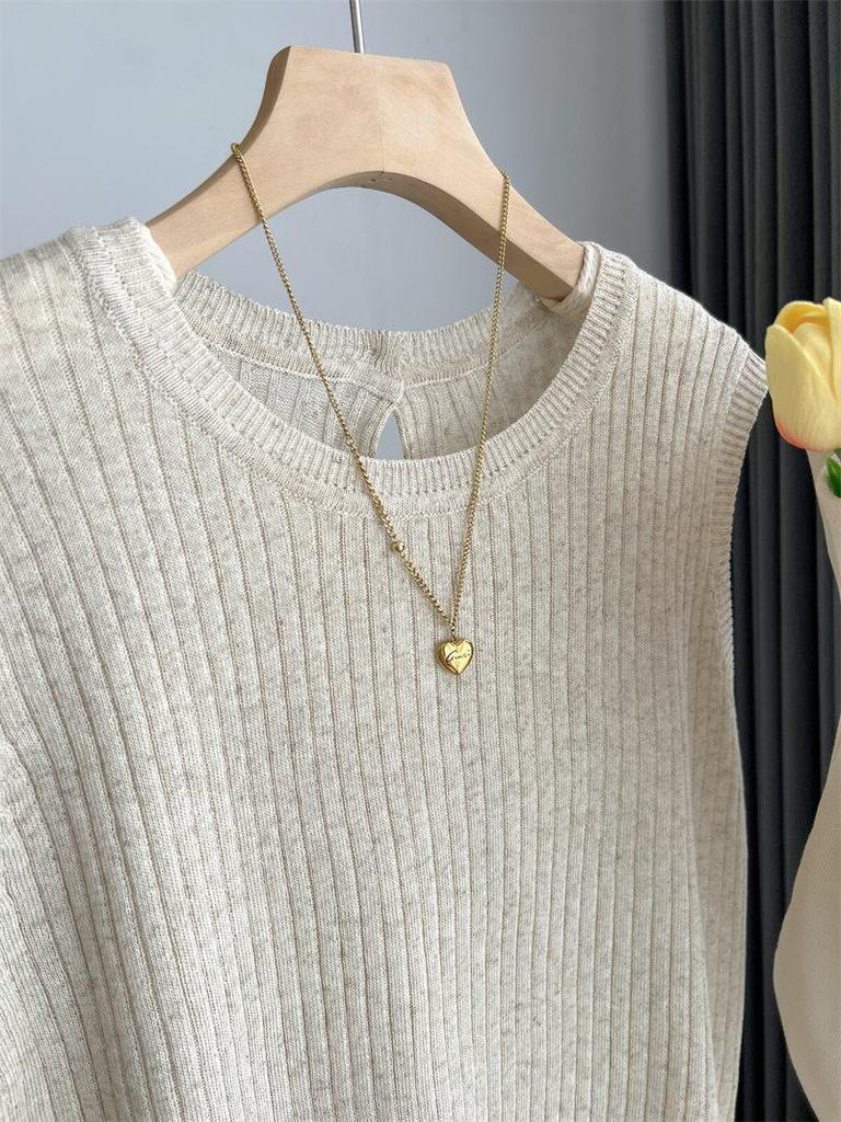 Women's French Sleeveless Knit Camisole - Open-Back Linen Tank Top for Summer